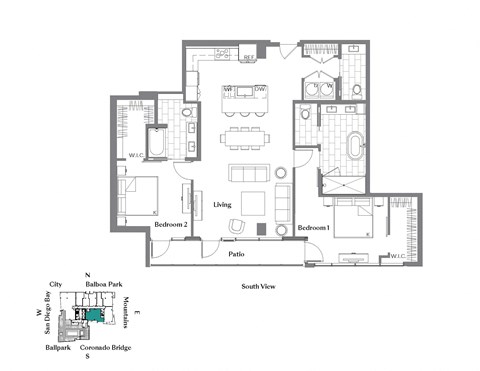 Floor plan for 2 beds, 2.5 baths, 1538 sqft